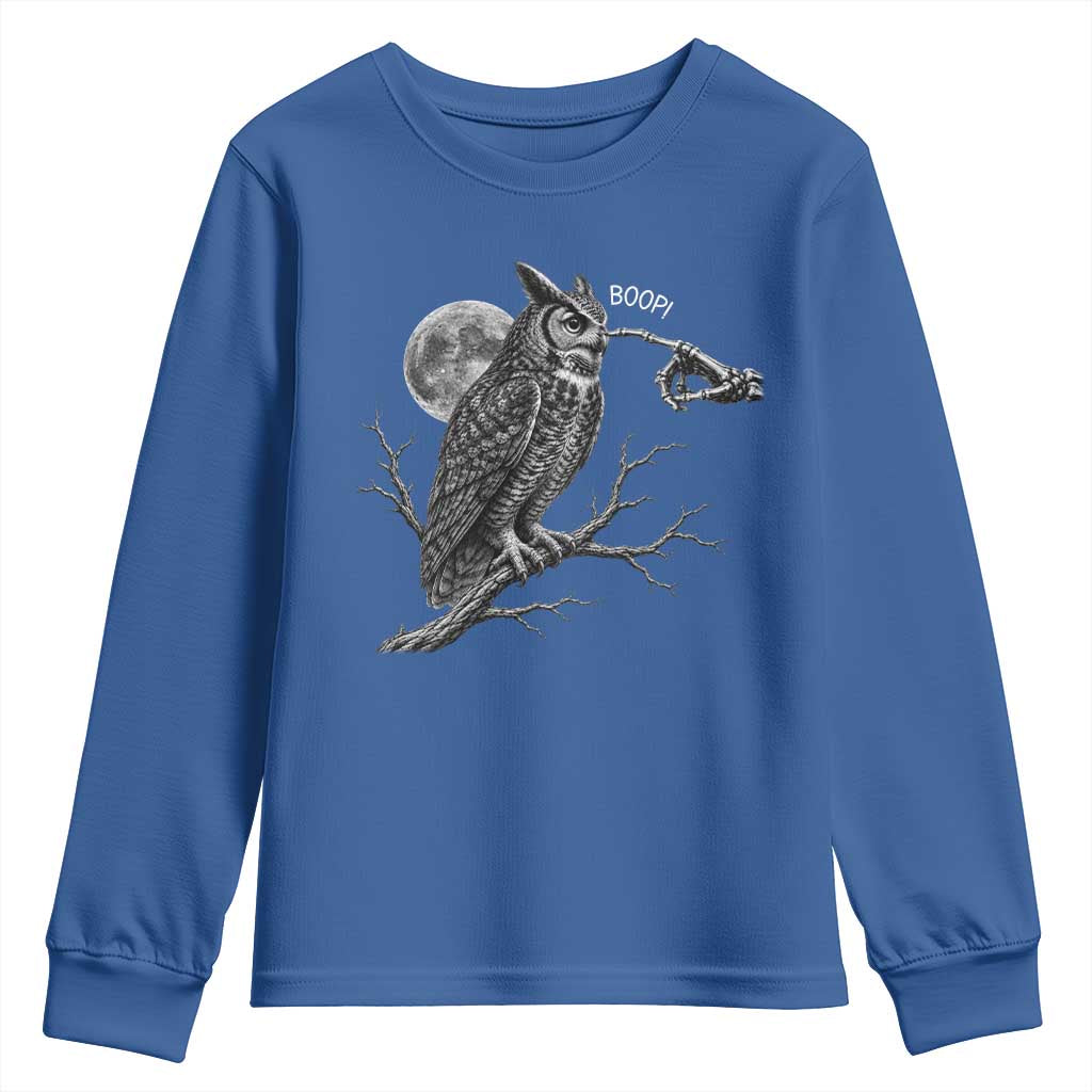 Skeleton Hand Boop Owl Youth Sweatshirt Funny Spooky Halloween Moon Graphic
