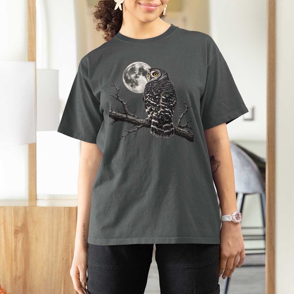 Owl Full Moon Graphic T Shirt For Women Vintage Dark Academia Bird