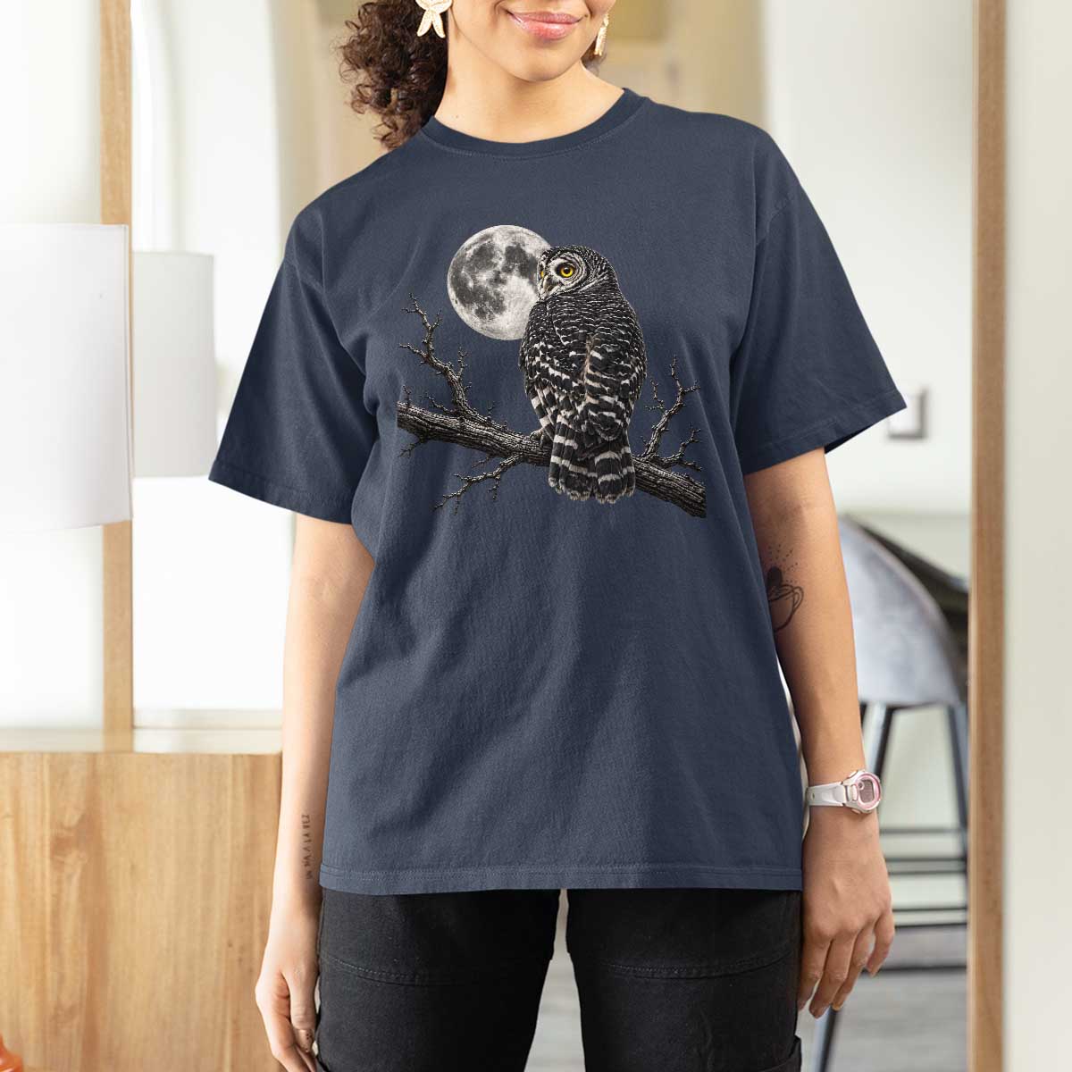 Owl Full Moon Graphic T Shirt For Women Vintage Dark Academia Bird