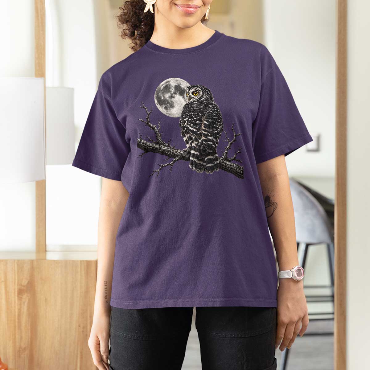 Owl Full Moon Graphic T Shirt For Women Vintage Dark Academia Bird