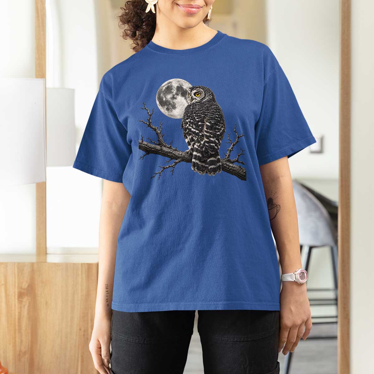 Owl Full Moon Graphic T Shirt For Women Vintage Dark Academia Bird