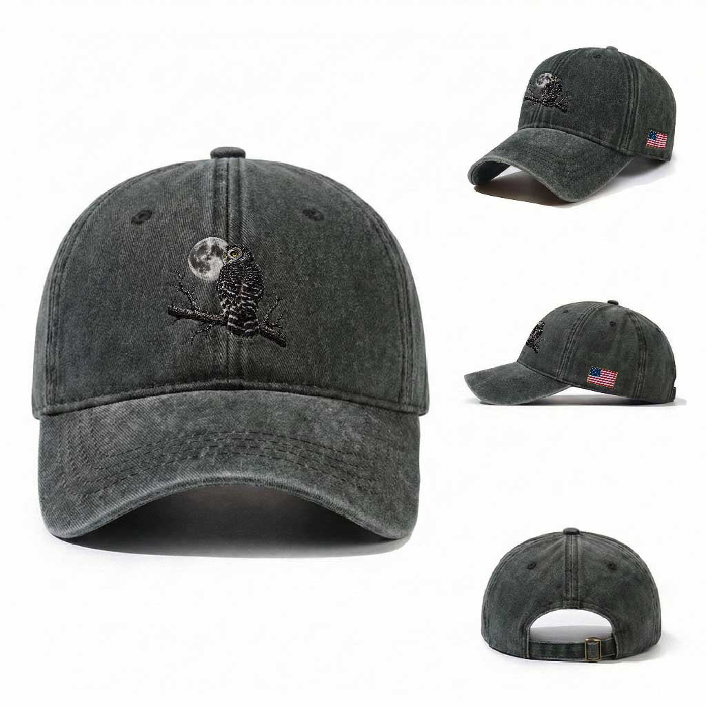 Owl Full Moon Graphic Washed Cotton Baseball Cap Vintage Dark Academia Bird