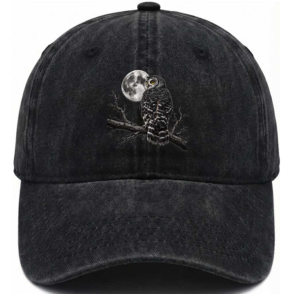 Owl Full Moon Graphic Washed Cotton Baseball Cap Vintage Dark Academia Bird