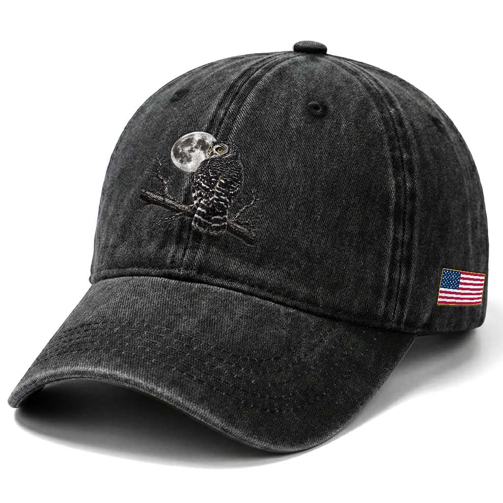 Owl Full Moon Graphic Washed Cotton Baseball Cap Vintage Dark Academia Bird