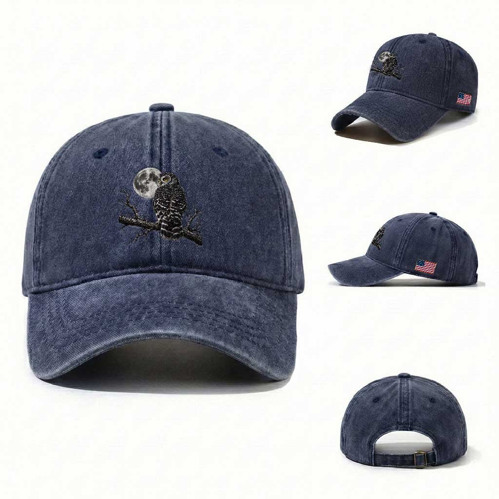 Owl Full Moon Graphic Washed Cotton Baseball Cap Vintage Dark Academia Bird