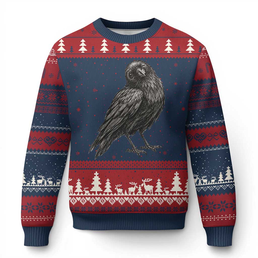 Winking Raven Crow Ugly Christmas Sweater Vintage Dark Academia Funny Bird Graphic