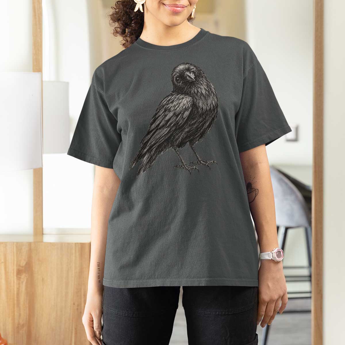 Winking Raven Crow T Shirt For Women Vintage Dark Academia Funny Bird Graphic