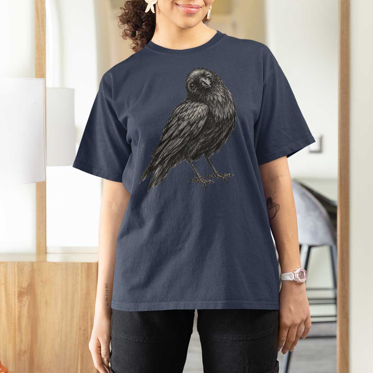 Winking Raven Crow T Shirt For Women Vintage Dark Academia Funny Bird Graphic