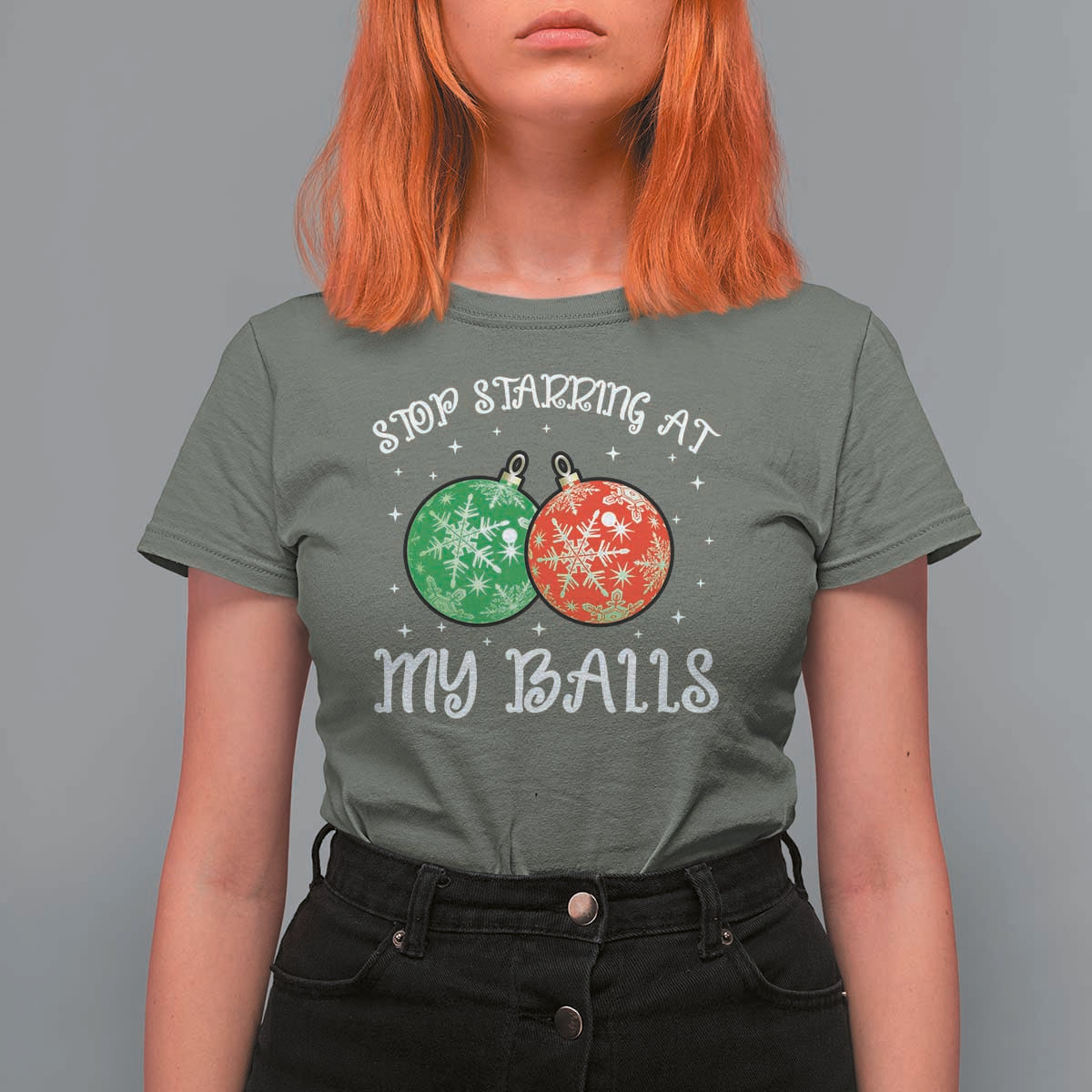 Funny Christmas T Shirt For Women Stop Staring At My Balls Funny Dirty Christmas Adult Humor - Wonder Print Shop
