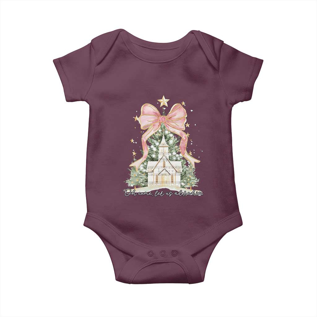 Christian Christmas Baby Onesie Oh Come Let Us Adore Him Nativity Christmas Tree Bow
