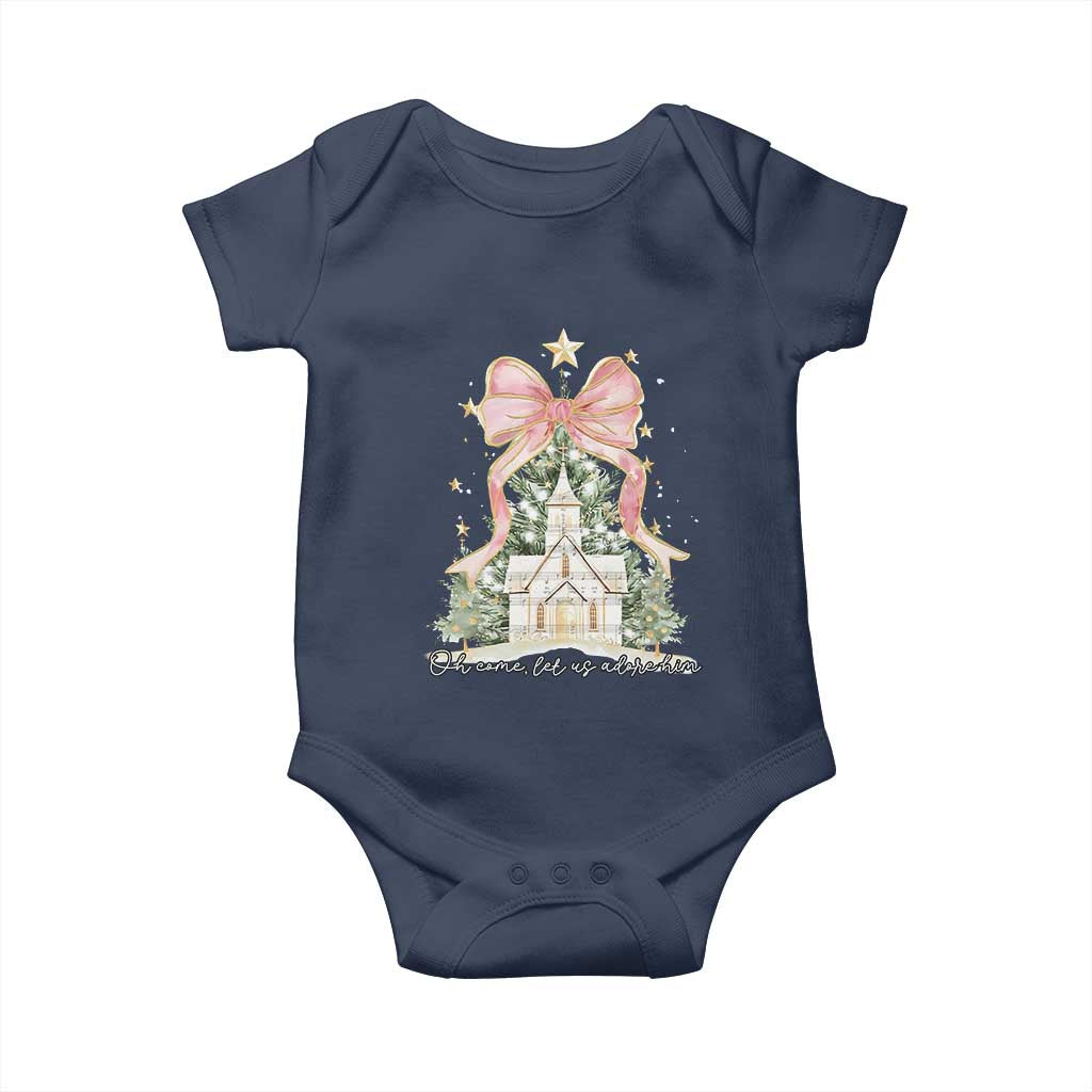 Christian Christmas Baby Onesie Oh Come Let Us Adore Him Nativity Christmas Tree Bow