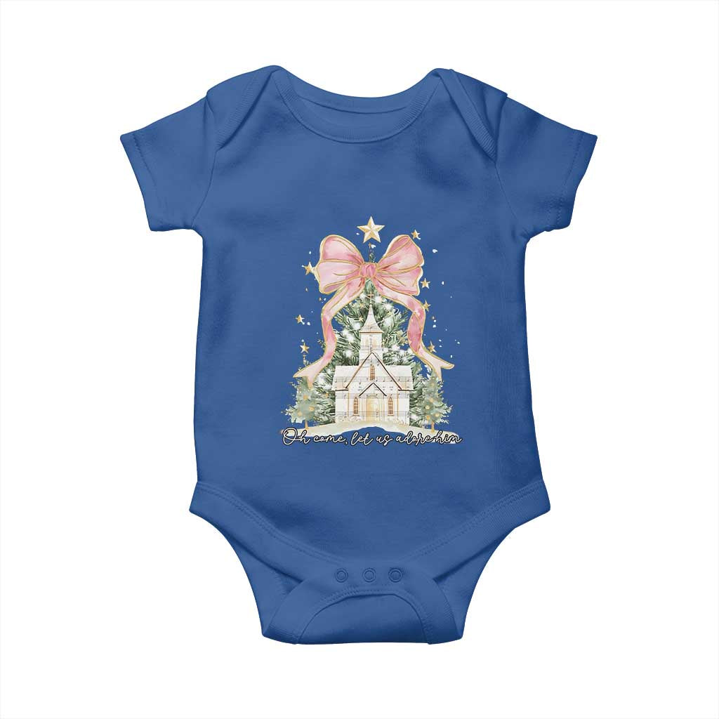 Christian Christmas Baby Onesie Oh Come Let Us Adore Him Nativity Christmas Tree Bow
