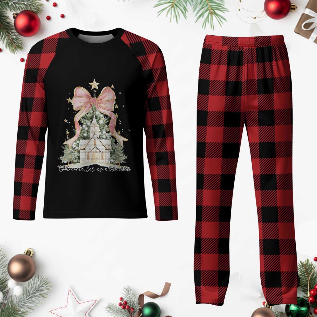 Christian Christmas Plaid Pajama Set Oh Come Let Us Adore Him Nativity Christmas Tree Bow - Wonder Print Shop