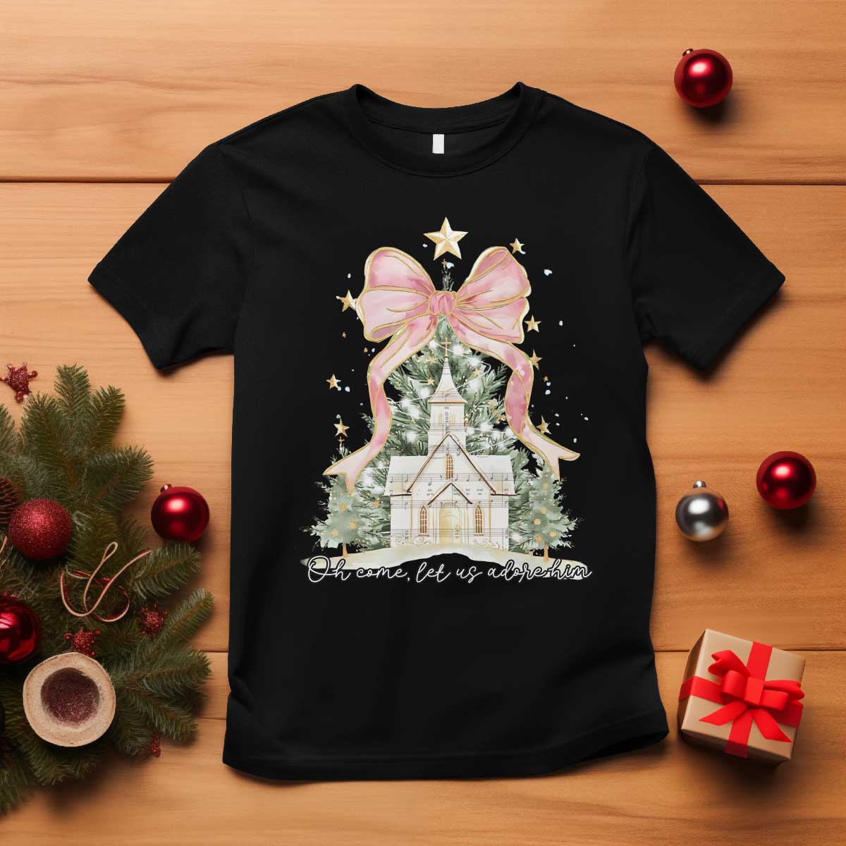 Christian Christmas T Shirt Oh Come Let Us Adore Him Nativity Christmas Tree Bow - Wonder Print Shop