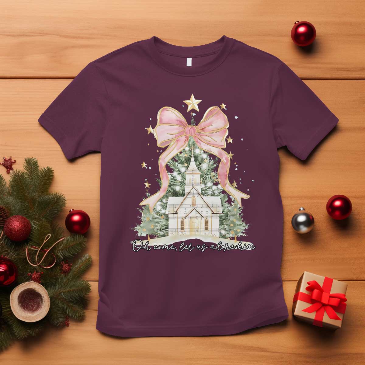 Christian Christmas T Shirt Oh Come Let Us Adore Him Nativity Christmas Tree Bow - Wonder Print Shop