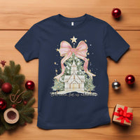 Christian Christmas T Shirt Oh Come Let Us Adore Him Nativity Christmas Tree Bow - Wonder Print Shop