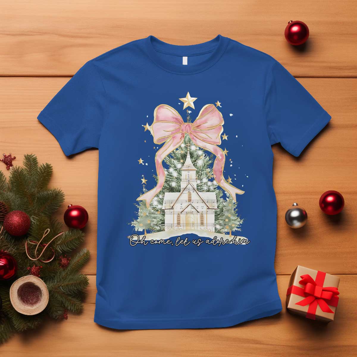 Christian Christmas T Shirt Oh Come Let Us Adore Him Nativity Christmas Tree Bow - Wonder Print Shop