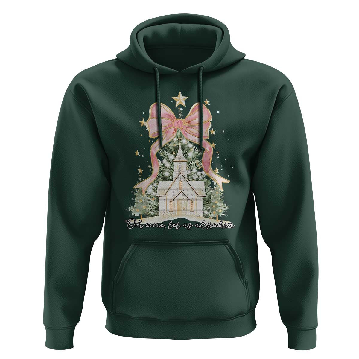 Christian Christmas Hoodie Oh Come Let Us Adore Him Nativity Christmas Tree Bow