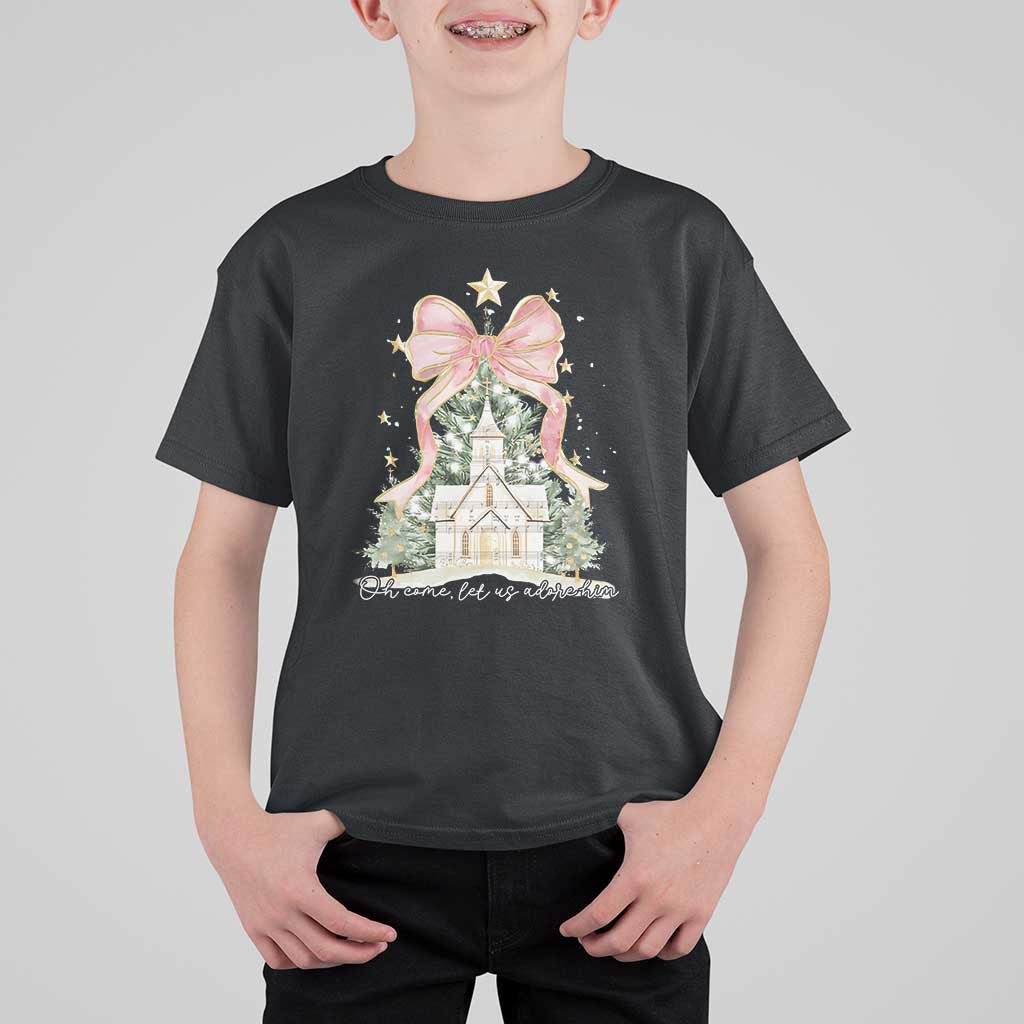 Christian Christmas T Shirt For Kid Oh Come Let Us Adore Him Nativity Christmas Tree Bow - Wonder Print Shop