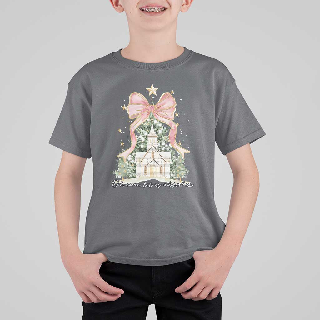 Christian Christmas T Shirt For Kid Oh Come Let Us Adore Him Nativity Christmas Tree Bow - Wonder Print Shop