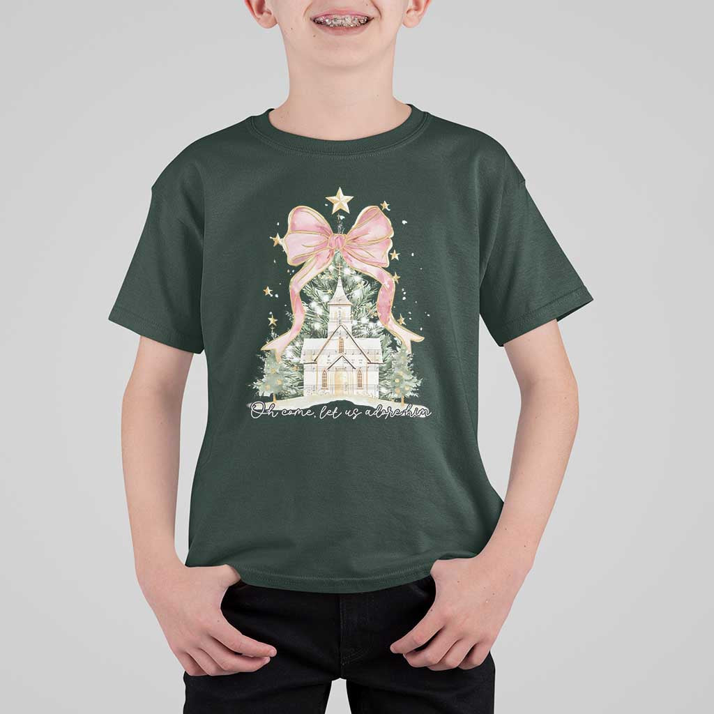 Christian Christmas T Shirt For Kid Oh Come Let Us Adore Him Nativity Christmas Tree Bow - Wonder Print Shop