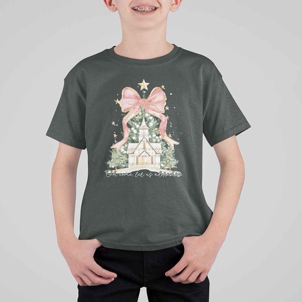 Christian Christmas T Shirt For Kid Oh Come Let Us Adore Him Nativity Christmas Tree Bow - Wonder Print Shop