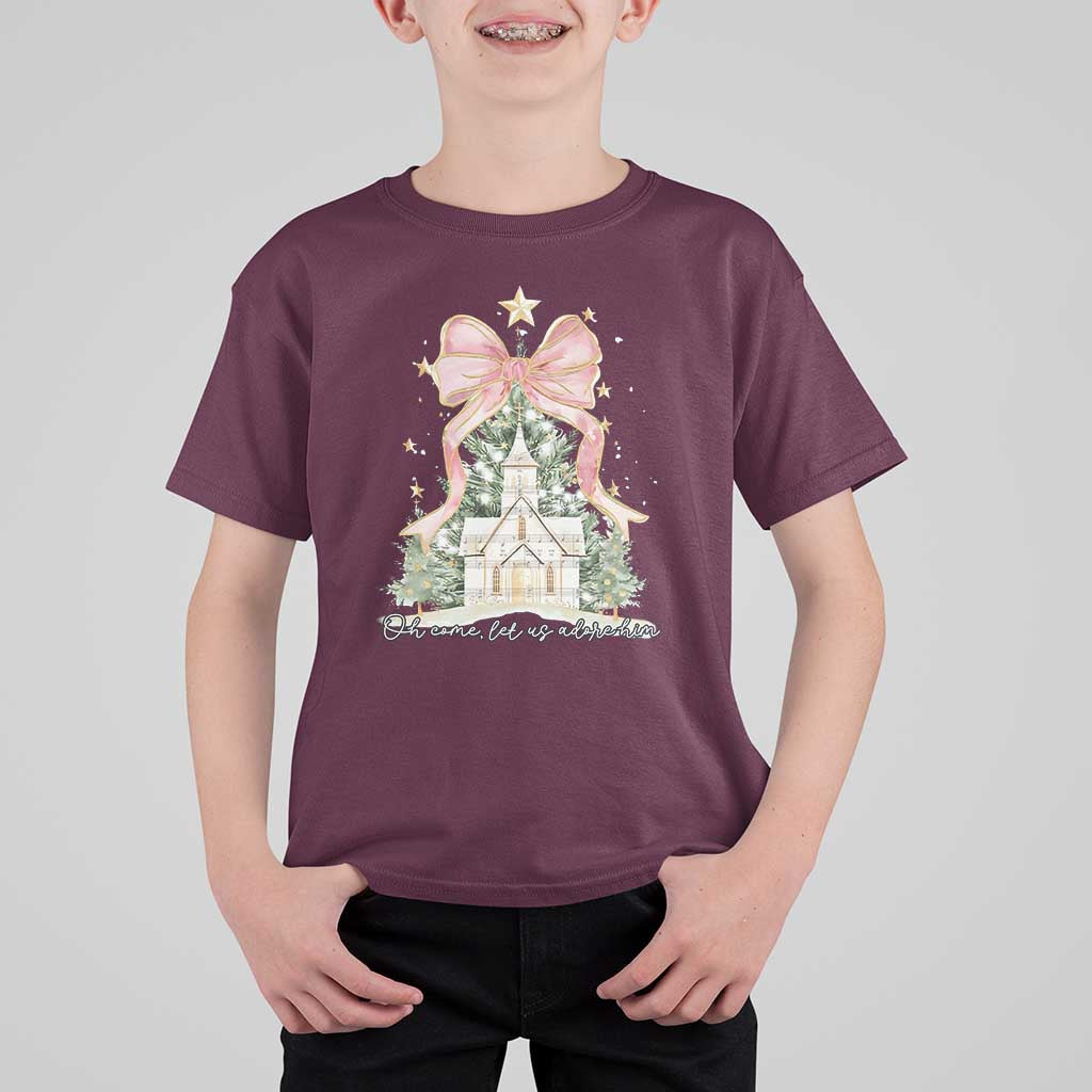 Christian Christmas T Shirt For Kid Oh Come Let Us Adore Him Nativity Christmas Tree Bow - Wonder Print Shop