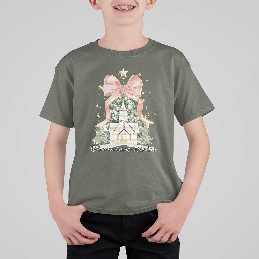 Christian Christmas T Shirt For Kid Oh Come Let Us Adore Him Nativity Christmas Tree Bow - Wonder Print Shop