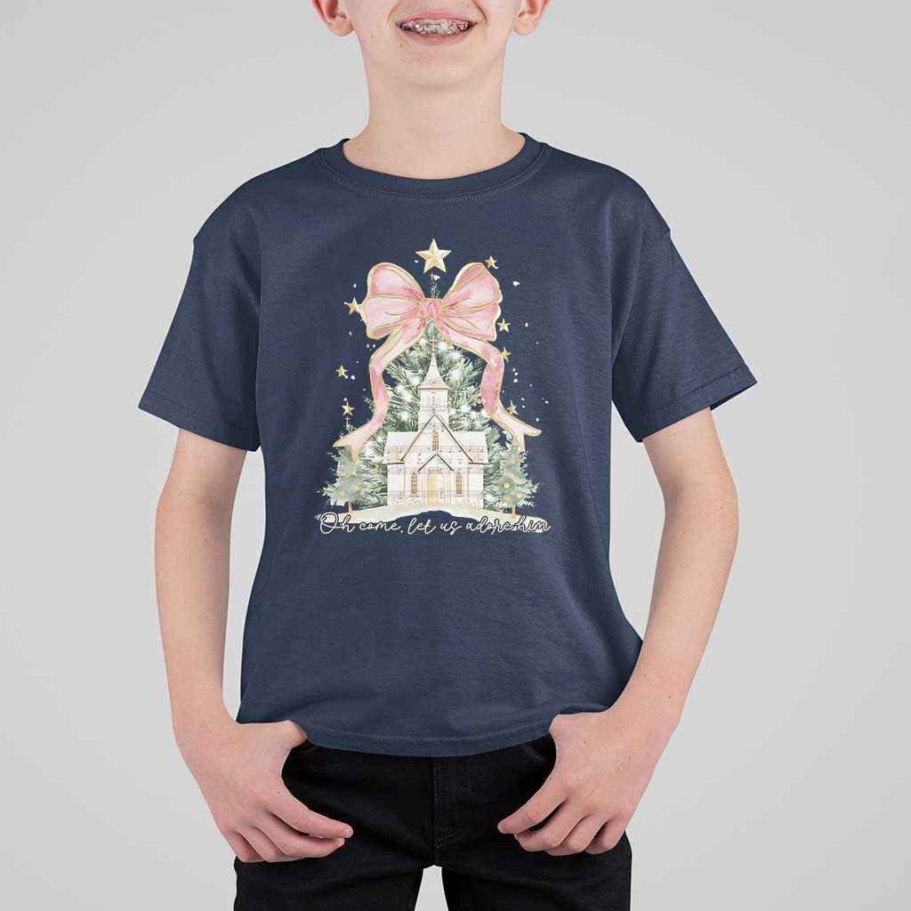 Christian Christmas T Shirt For Kid Oh Come Let Us Adore Him Nativity Christmas Tree Bow - Wonder Print Shop