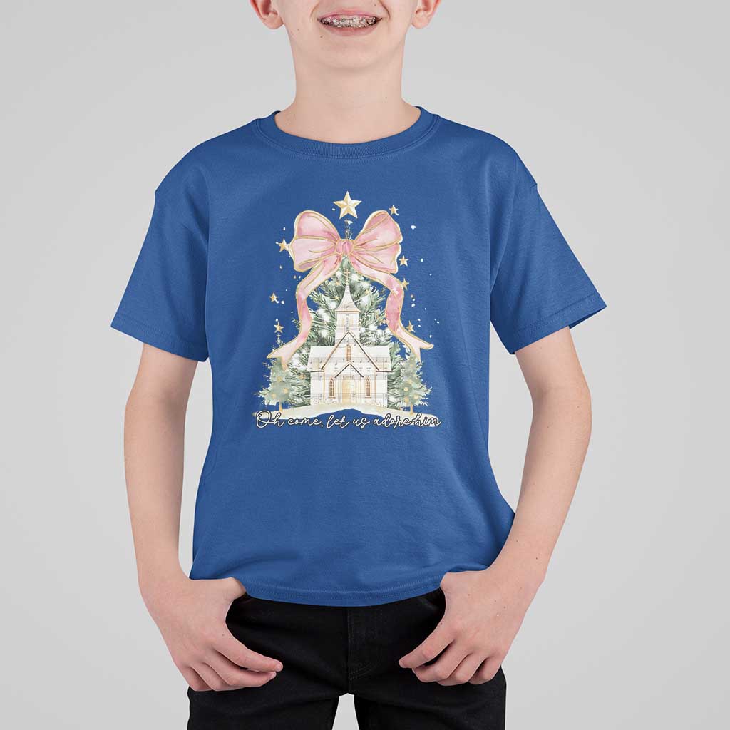 Christian Christmas T Shirt For Kid Oh Come Let Us Adore Him Nativity Christmas Tree Bow - Wonder Print Shop