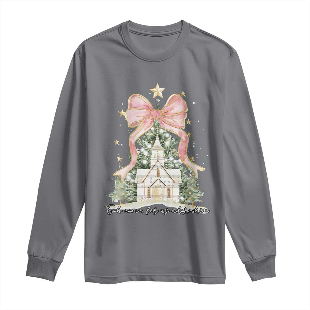 Christian Christmas Long Sleeve Shirt Oh Come Let Us Adore Him Nativity Christmas Tree Bow