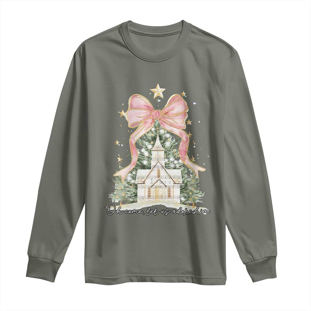 Christian Christmas Long Sleeve Shirt Oh Come Let Us Adore Him Nativity Christmas Tree Bow
