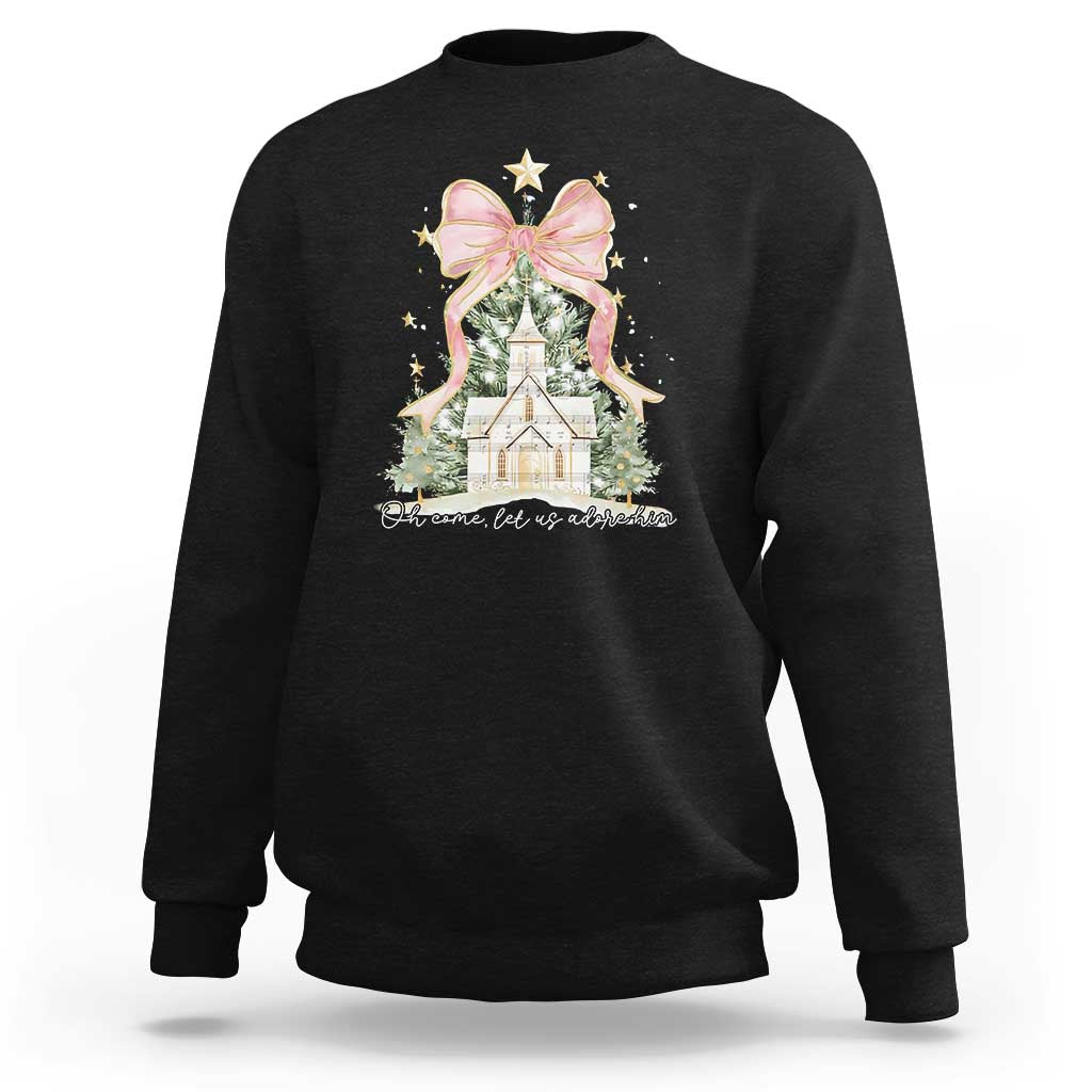 Christian Christmas Sweatshirt Oh Come Let Us Adore Him Nativity Christmas Tree Bow - Wonder Print Shop