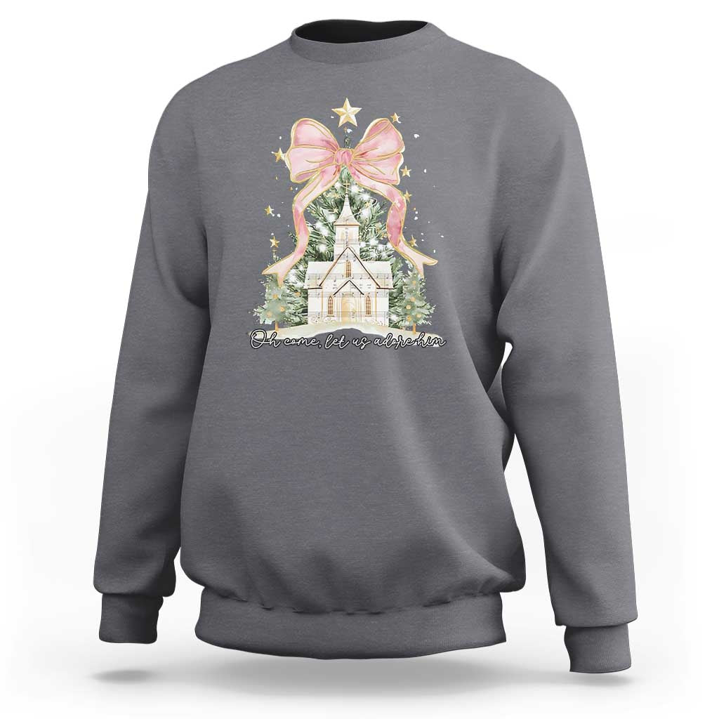 Christian Christmas Sweatshirt Oh Come Let Us Adore Him Nativity Christmas Tree Bow - Wonder Print Shop