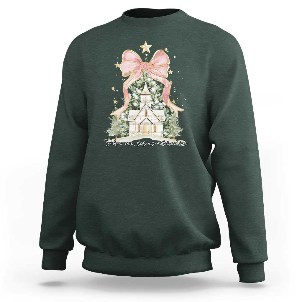 Christian Christmas Sweatshirt Oh Come Let Us Adore Him Nativity Christmas Tree Bow - Wonder Print Shop