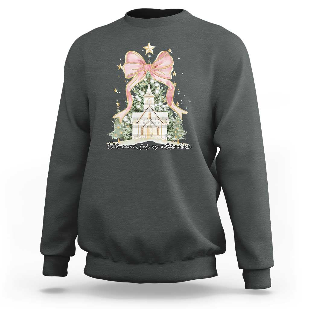 Christian Christmas Sweatshirt Oh Come Let Us Adore Him Nativity Christmas Tree Bow - Wonder Print Shop