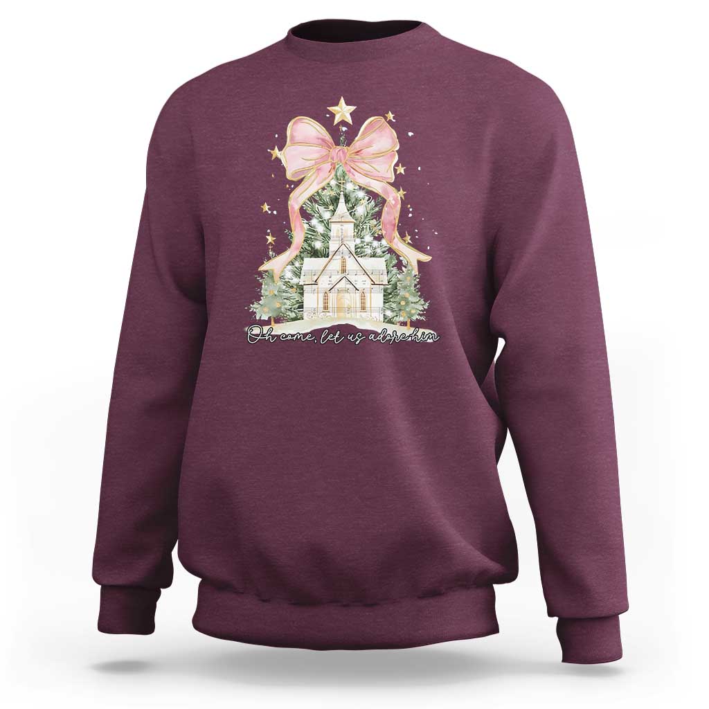 Christian Christmas Sweatshirt Oh Come Let Us Adore Him Nativity Christmas Tree Bow - Wonder Print Shop