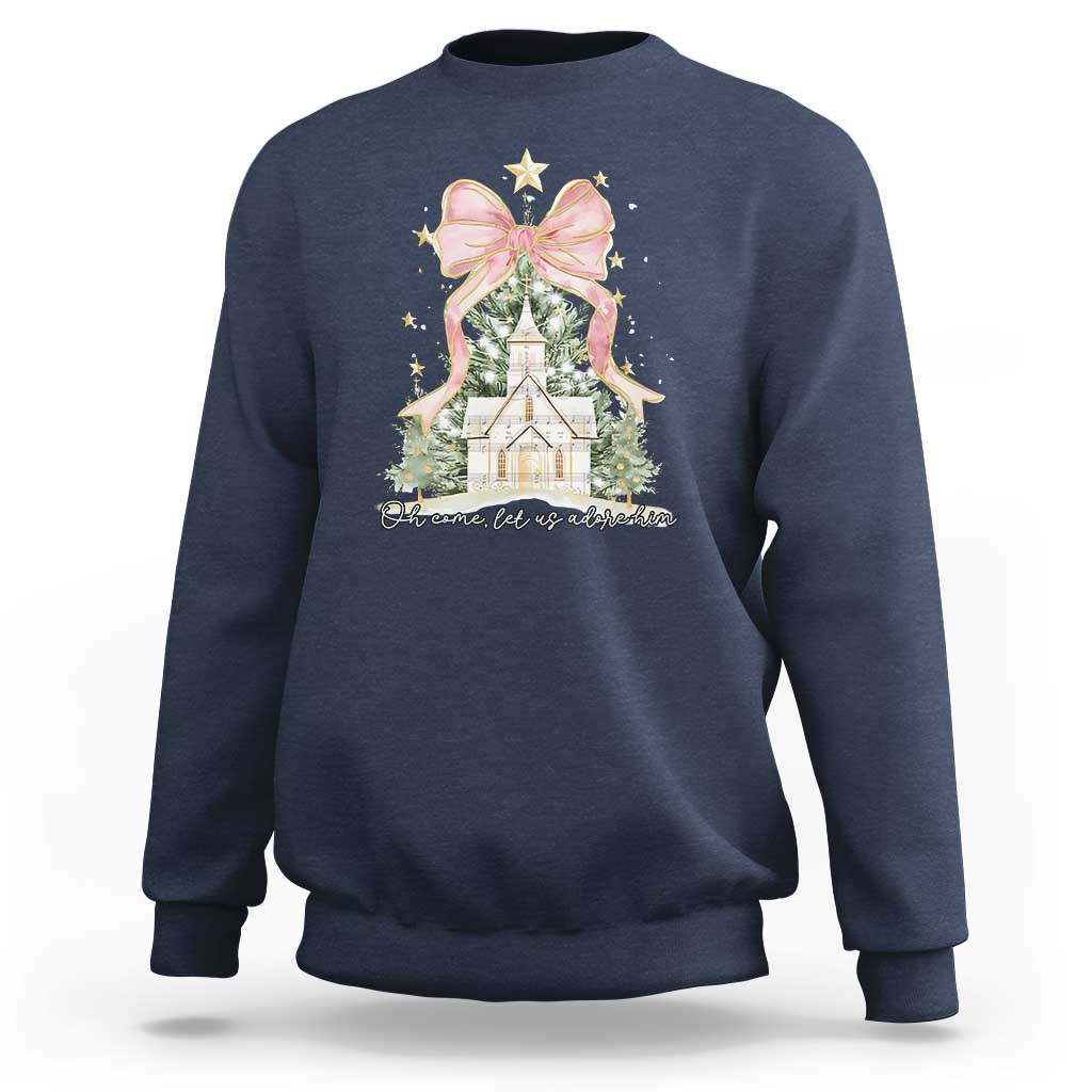 Christian Christmas Sweatshirt Oh Come Let Us Adore Him Nativity Christmas Tree Bow - Wonder Print Shop
