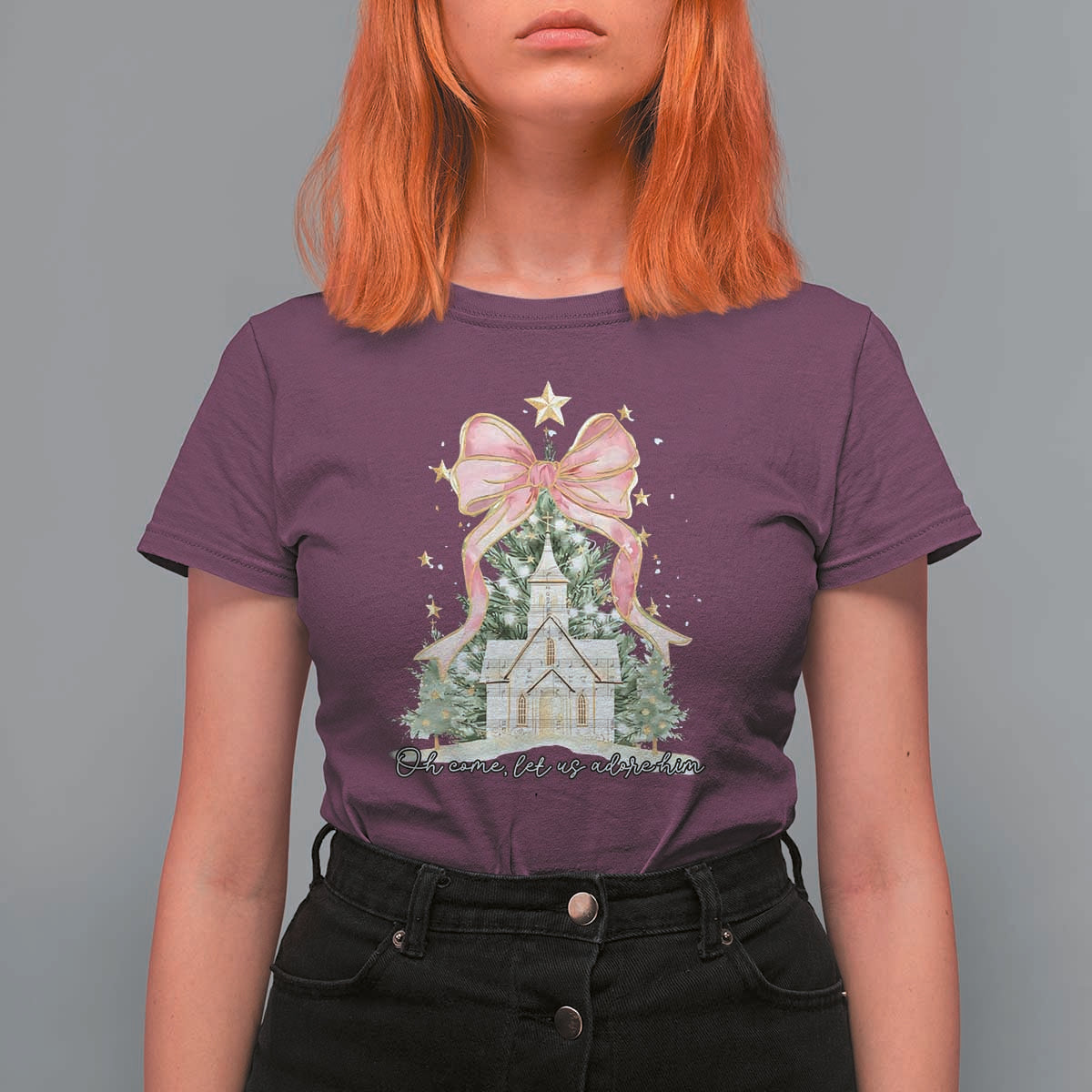 Christian Christmas T Shirt For Women Oh Come Let Us Adore Him Nativity Christmas Tree Bow - Wonder Print Shop