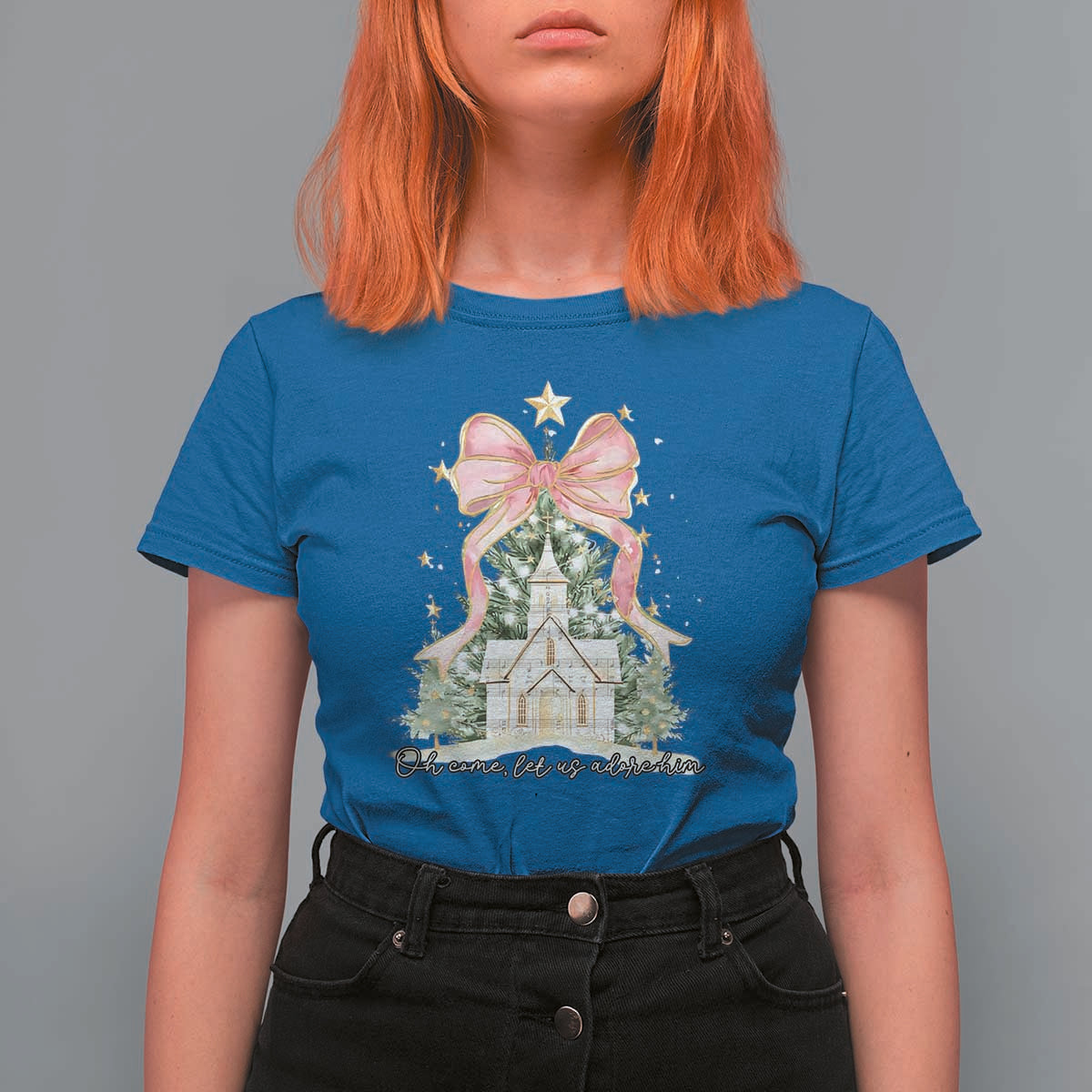 Christian Christmas T Shirt For Women Oh Come Let Us Adore Him Nativity Christmas Tree Bow - Wonder Print Shop