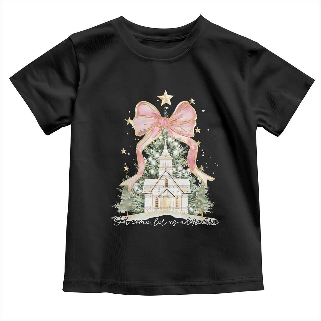 Christian Christmas Toddler T Shirt Oh Come Let Us Adore Him Nativity Christmas Tree Bow