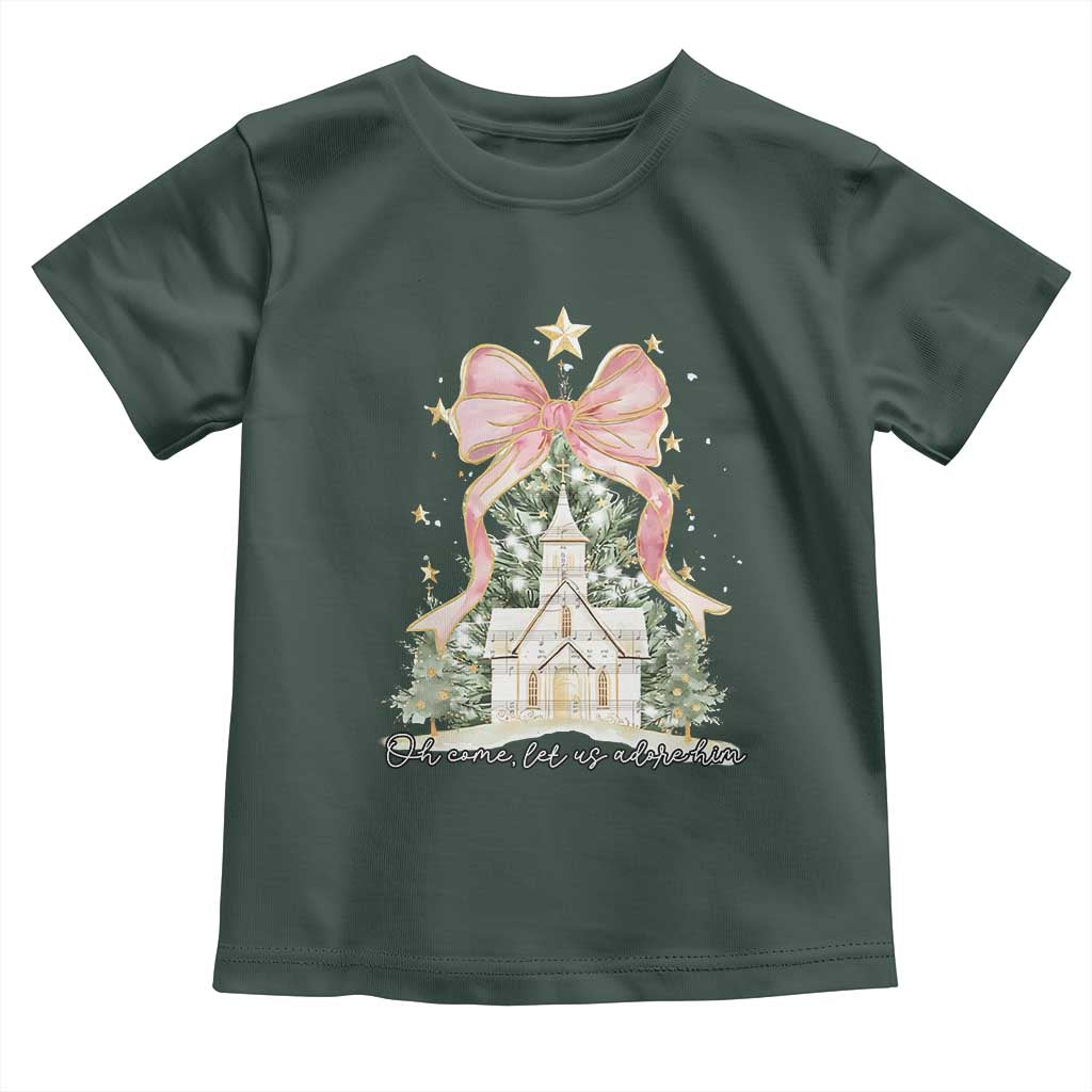 Christian Christmas Toddler T Shirt Oh Come Let Us Adore Him Nativity Christmas Tree Bow