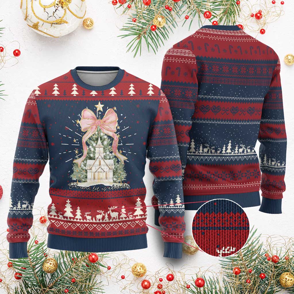 Christian Christmas Knitted Sweatshirt Oh Come Let Us Adore Him Nativity Christmas Tree Bow - Wonder Print Shop