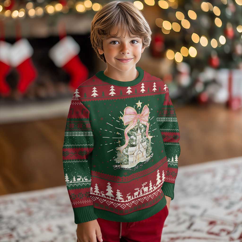 Christian Christmas Knitted Sweatshirt Oh Come Let Us Adore Him Nativity Christmas Tree Bow - Wonder Print Shop