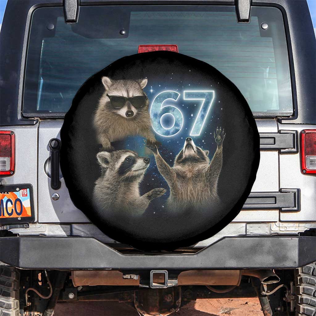 Funny 67 Raccoon Meme Spare Tire Cover Howling at The Moon Funny Six Seven Weird Cursed - Wonder Print Shop