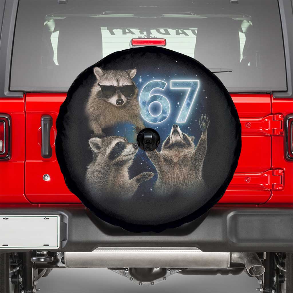 Funny 67 Raccoon Meme Spare Tire Cover Howling at The Moon Funny Six Seven Weird Cursed - Wonder Print Shop