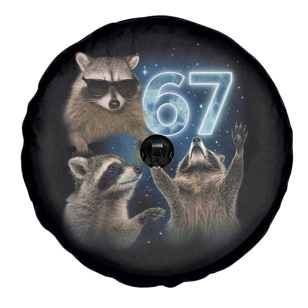 Funny 67 Raccoon Meme Spare Tire Cover Howling at The Moon Funny Six Seven Weird Cursed - Wonder Print Shop