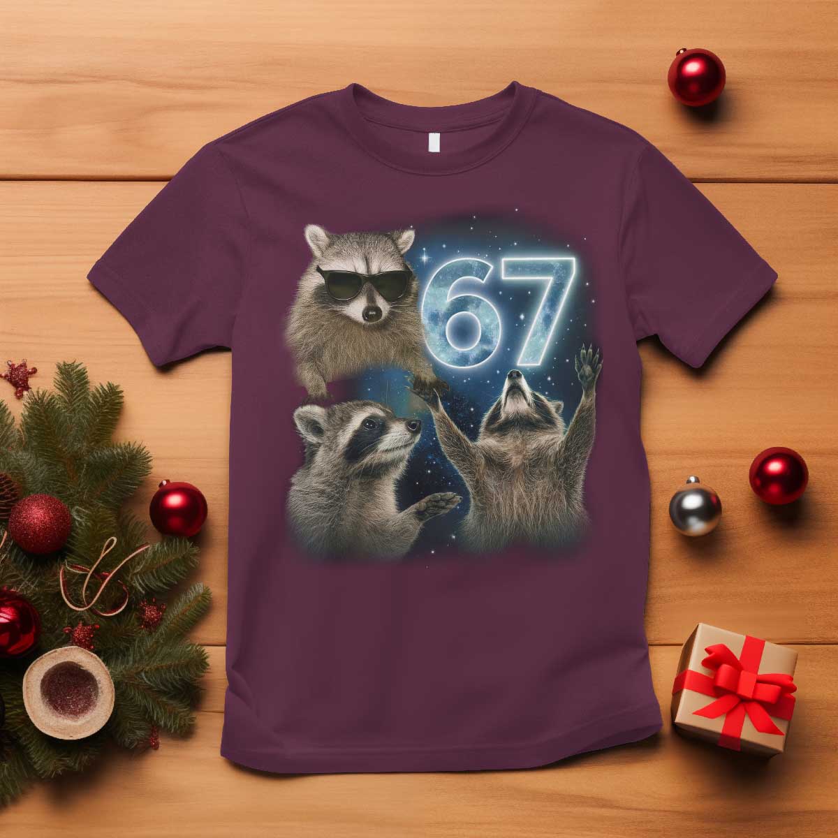 Funny 67 Raccoon Meme T Shirt Howling at The Moon Funny Six Seven Weird Cursed - Wonder Print Shop