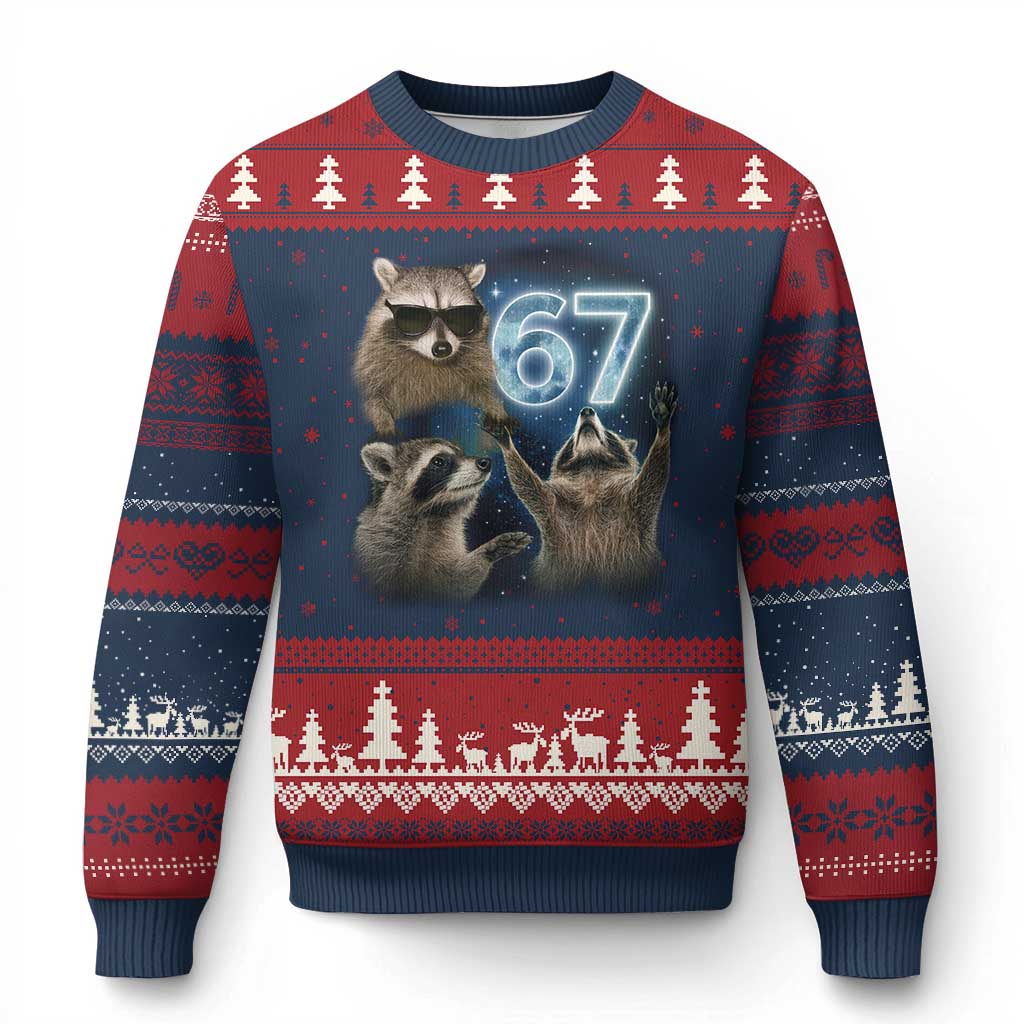 Funny 67 Raccoon Meme Ugly Christmas Sweater Howling at The Moon Funny Six Seven Weird Cursed - Wonder Print Shop