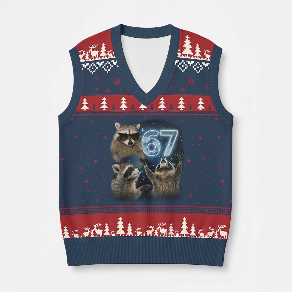 Funny 67 Raccoon Meme V-Neck Knit Sweater Vest Howling at The Moon Funny Six Seven Weird Cursed - Wonder Print Shop